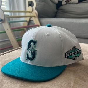 White and Teal Baseball Cap with Wool Bill